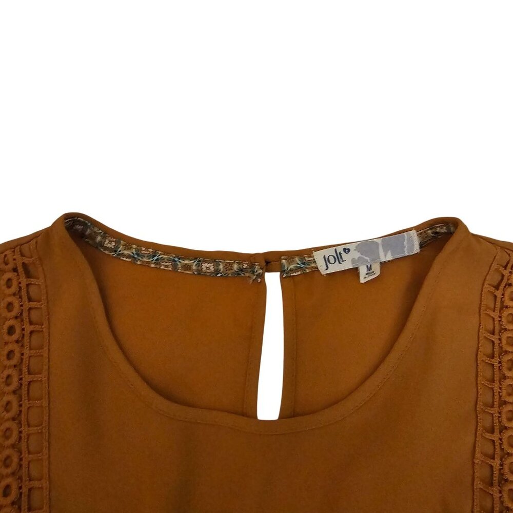 Jolt Rust Orange Crochet‎ Lace Detail Bell Sleeve Peasant Style Blouse Sz Medium - Picture 6 of 12